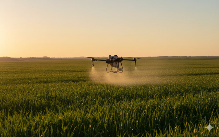 Dron sobre un campo verde, dispersando polvo al atardecer.